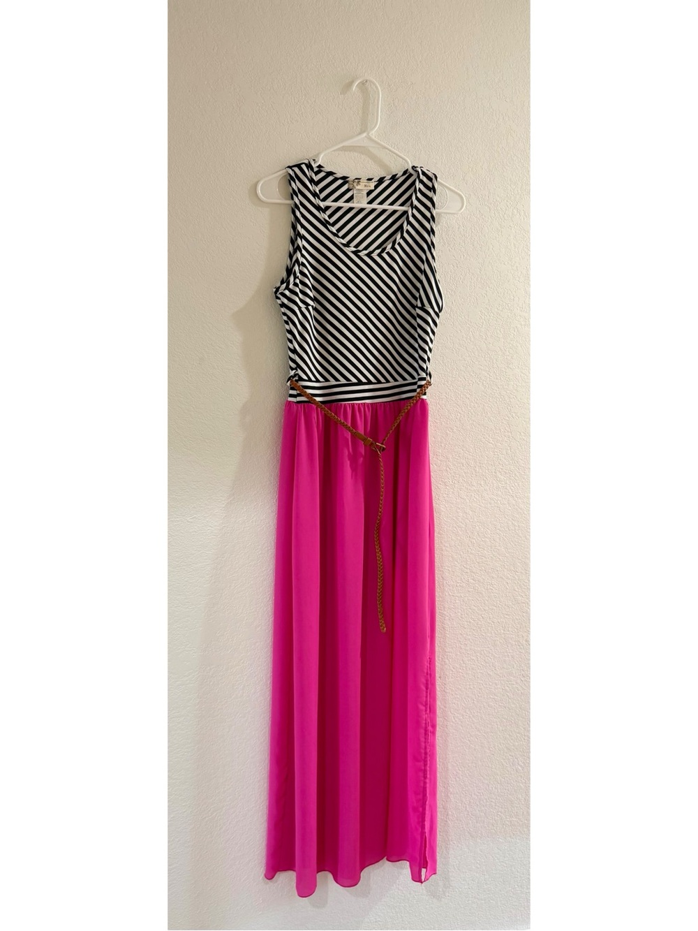 Miin Black and White Diagonal Stripe Top with a Fuchsia Bottom